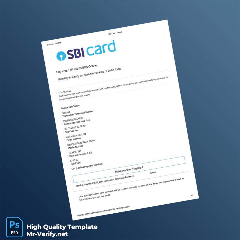 India SBI Card Editable Payment Confirmation Template in Word and PDF formats 2 page India SBI Card Editable Payment Confirmation Template in Word and PDF formats 2 page