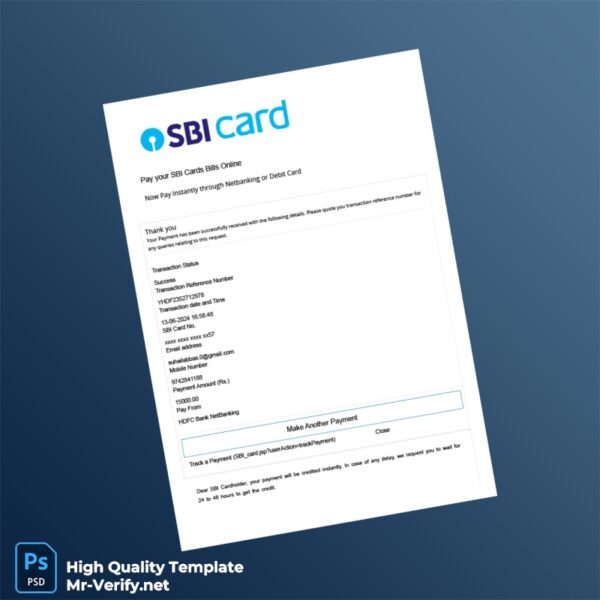 India SBI Card Editable Payment Receipt Template in Word and PDF formats 2 page