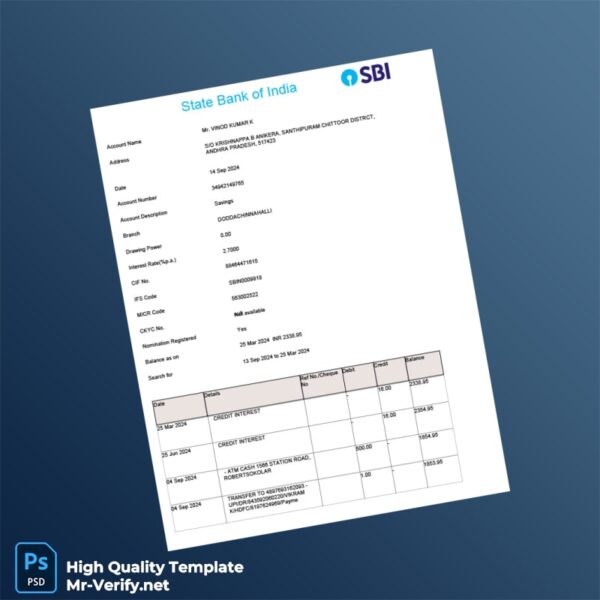 India SBIN Bank Statement Template in Word and PDF formats 3 page
