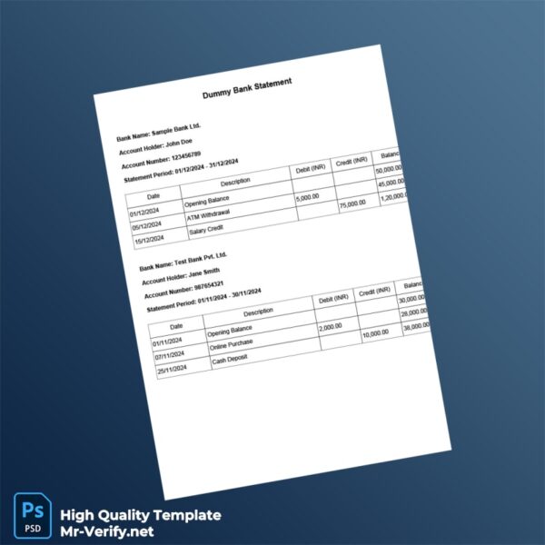 India Sample Bank Ltd Bank Statement Template in Word and PDF formats
