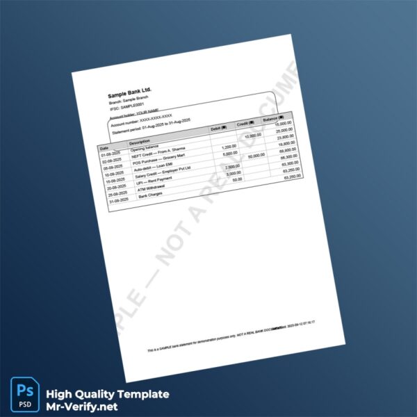 India Sample Bank Statement Template in Word and PDF formats