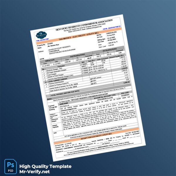 India Skycourt Residents Condominium Association Editable Electricity Bill Template in Word and PDF formats