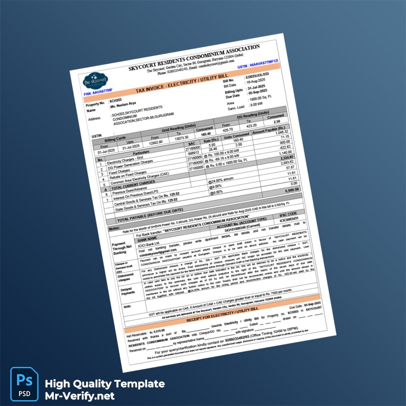 India Skycourt Residents Condominium Association Editable Electricity Bill Template in Word and PDF formats India Skycourt Residents Condominium Association Editable Electricity Bill Template in Word and PDF formats