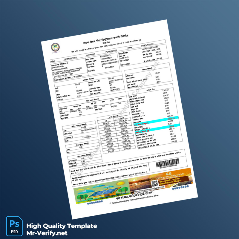 India South Bihar Power Distribution Company Ltd Editable Utility Bill Template in Word and PDF formats India South Bihar Power Distribution Company Ltd Editable Utility Bill Template in Word and PDF formats