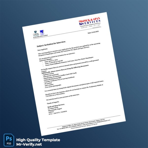 India Spick and Span Services Editable Interview Call Letter Template in Word and PDF formats