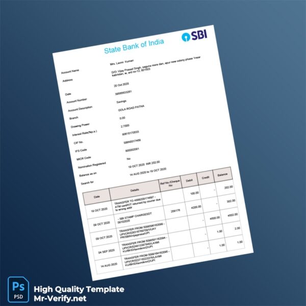 India State Bank of India Account Statement Template in Word and PDF formats 2 page