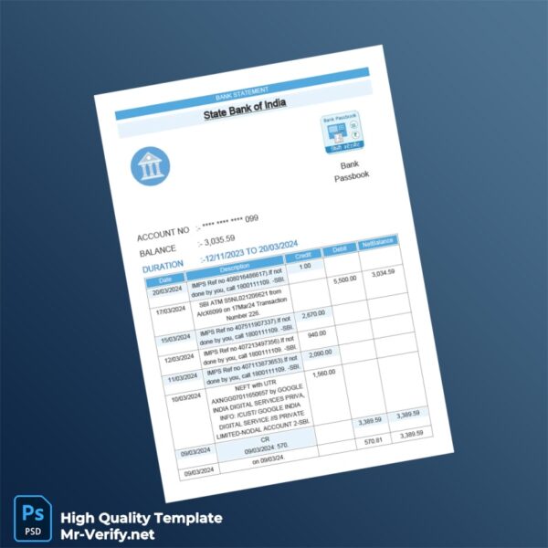 India State Bank of India Bank Statement Template in Word and PDF formats 4 page
