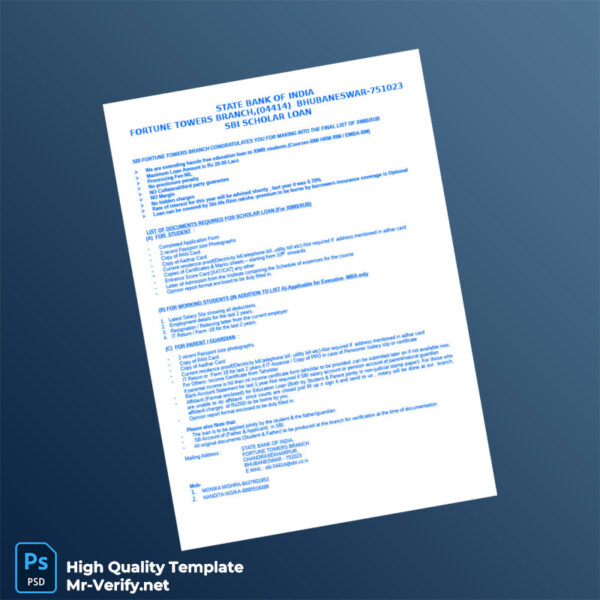 India State Bank of India Editable Scholar Loan Checklist Template in Word and PDF formats