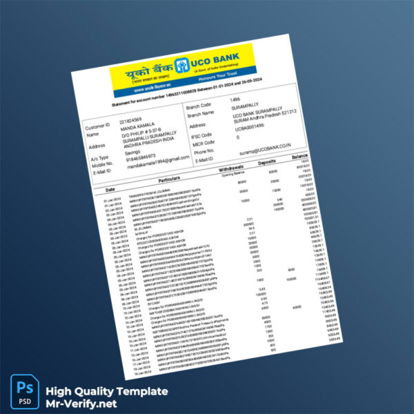 India UCO Bank Bank Statement Template in Word and PDF formats 8 page