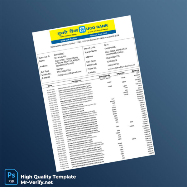 India UCO Bank Statement Template in Word and PDF formats 3 page