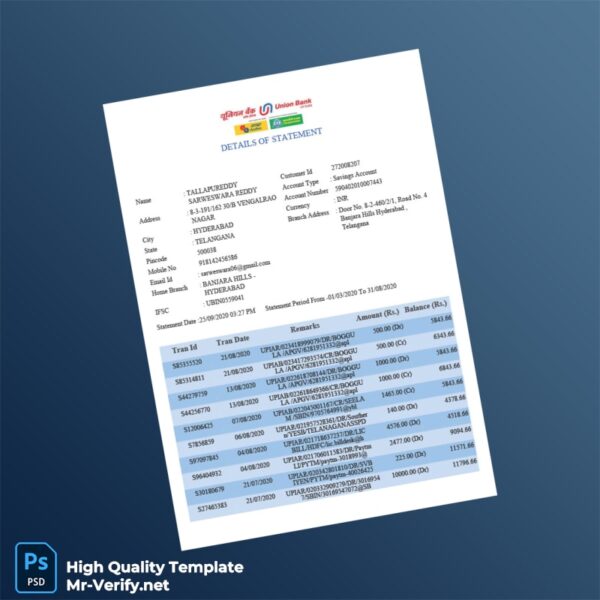 India Union Bank Bank Statement Template in Word and PDF formats 5 page