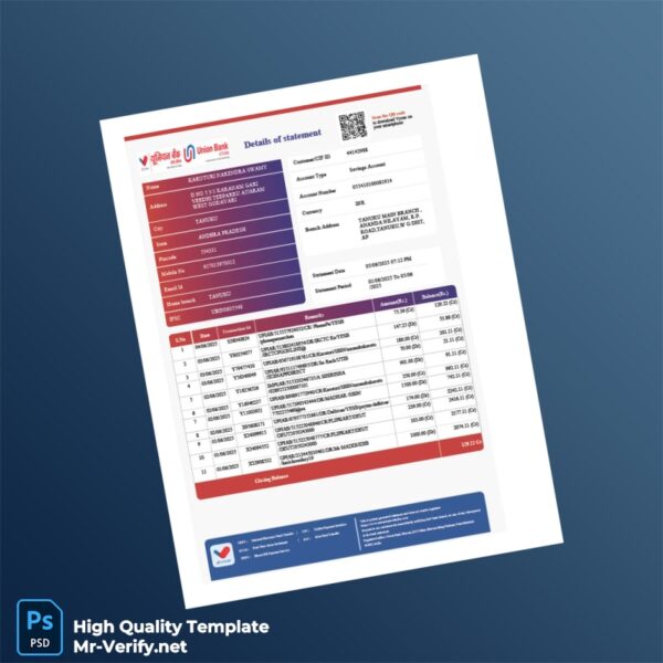 India Union Bank Statement Template in Word and PDF formats