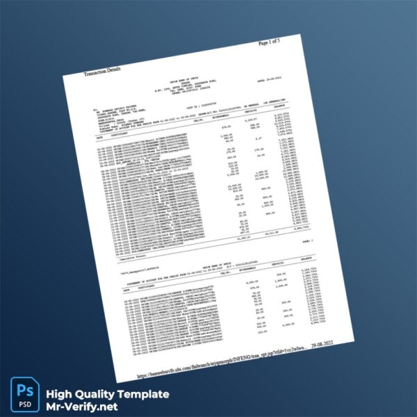 India Union Bank of India Bank Statement Template in Word and PDF formats 5 page