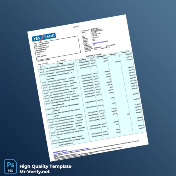 India YES Bank Bank Statement Template in Word and PDF formats 4 page