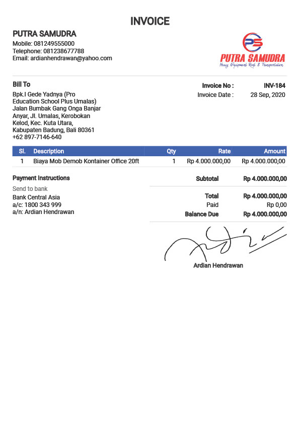 Indonesia Putra Samudra Editable Utility Bill Template in Word and PDF formats
