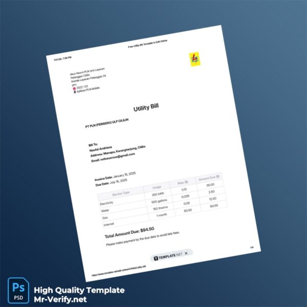 Indonesia PT PLN Persero Editable Electricity Bill Template in Word and PDF formats 4 page