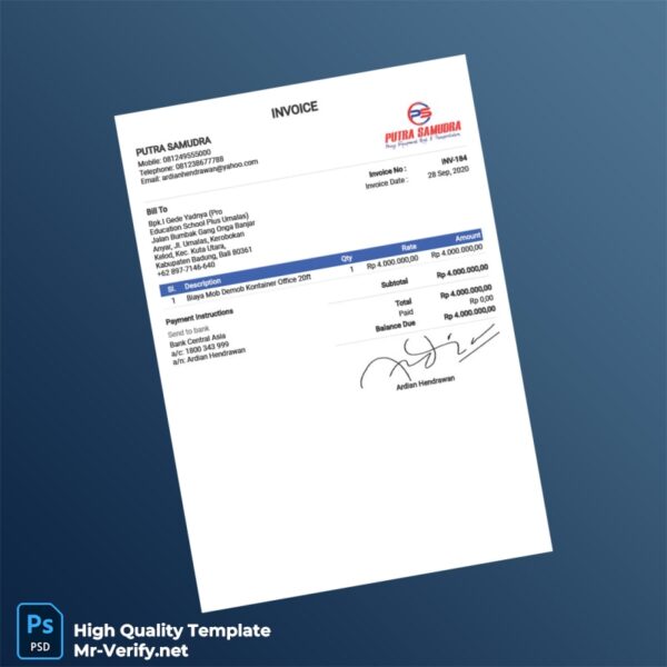 Indonesia Putra Samudra Editable Utility Bill Template in Word and PDF formats