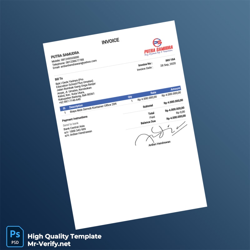 Indonesia Putra Samudra Editable Utility Bill Template in Word and PDF formats Indonesia Putra Samudra Editable Utility Bill Template in Word and PDF formats