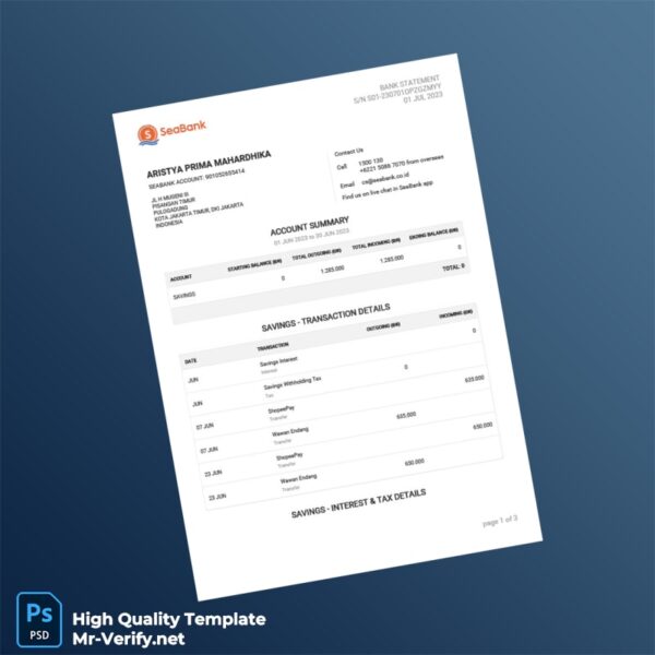 Indonesia SeaBank Account Statement Template in Word and PDF formats 3 page
