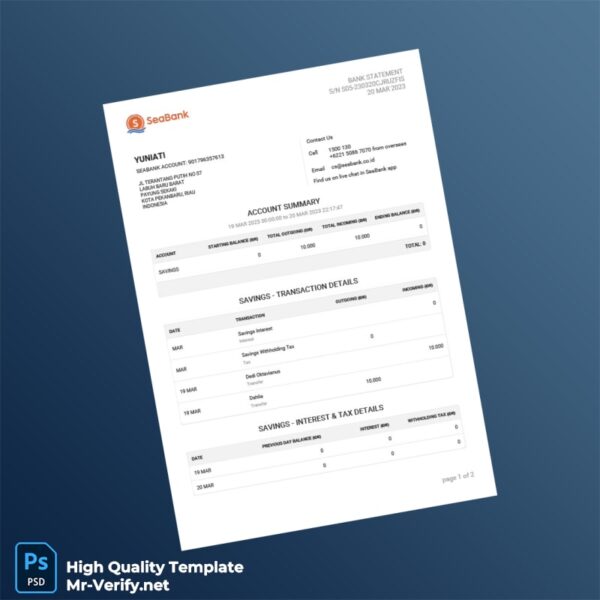 Indonesia Seabank Statement Template in Word and PDF formats 2 page