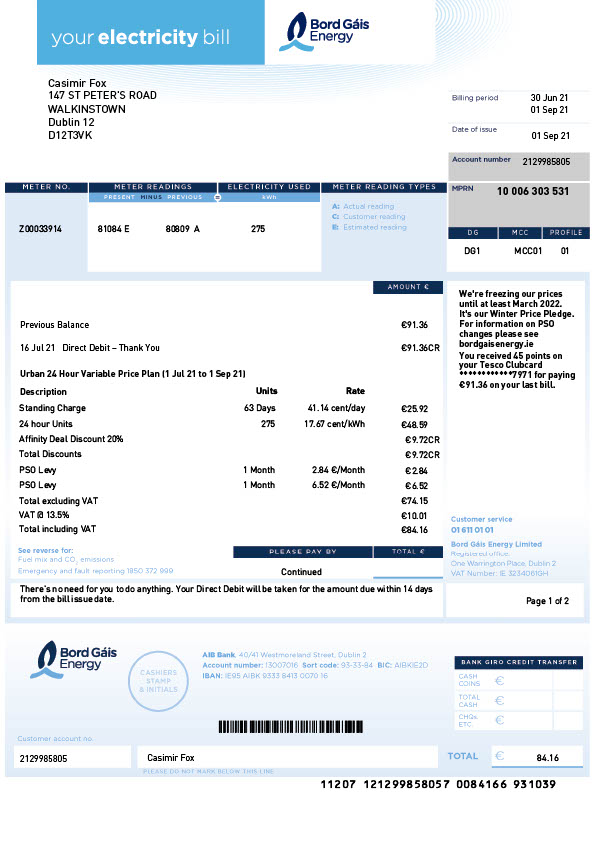 Ireland Bord Gáis Energy Editable Electricity Bill Template in Word and PDF formats 3 page