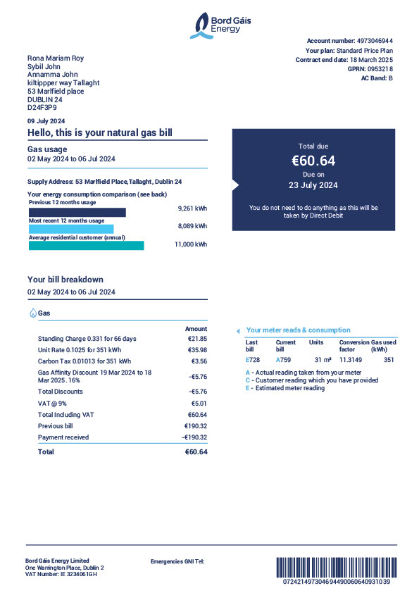 Ireland Bord Gais Energy Editable Gas Bill Template in Word and PDF formats 2 page