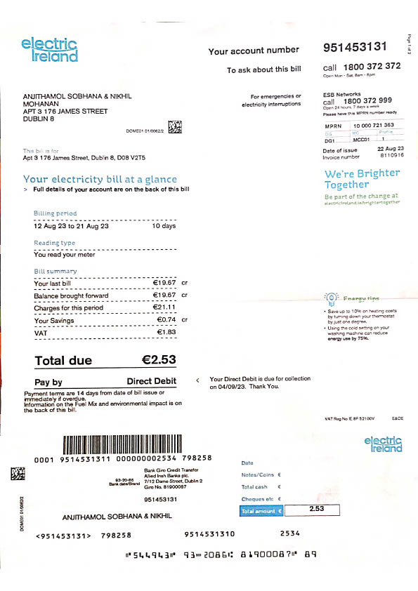 Ireland Electric Ireland Editable Electricity Bill Template in Word and PDF formats 2 page
