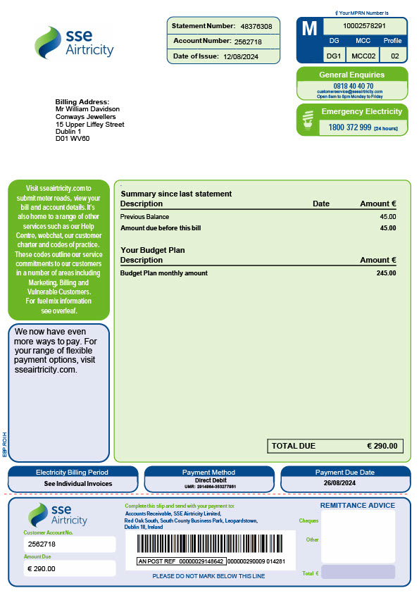 Ireland SSE Airtricity Editable Electricity Bill Template in Word and PDF formats