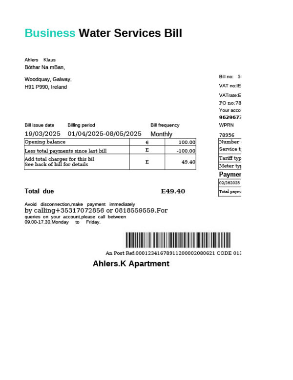 Ireland Water Services Editable Water Bill Template in Word and PDF formats 2 page