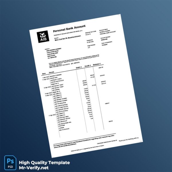 Ireland Allied Irish Banks Bank Statement Template in Word and PDF formats 5 page