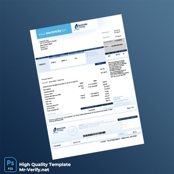 Ireland Bord Gáis Energy Editable Electricity Bill Template in Word and PDF formats 3 page