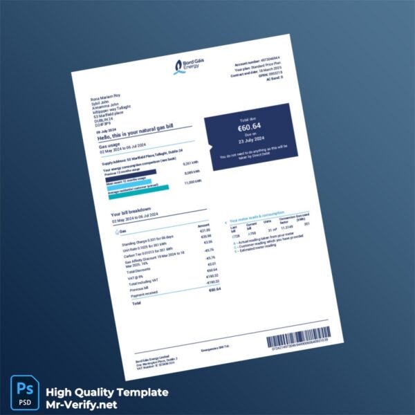 Ireland Bord Gáis Energy Limited Editable Natural Gas Bill Template in Word and PDF formats 2 page