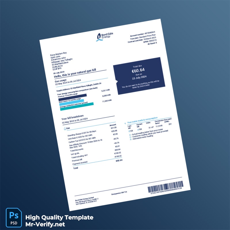 Ireland Bord Gáis Energy Limited Editable Natural Gas Bill Template in Word and PDF formats 2 page Ireland Bord Gáis Energy Limited Editable Natural Gas Bill Template in Word and PDF formats 2 page