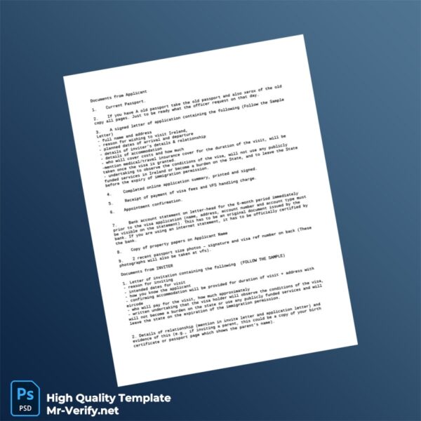 Ireland Editable Visit Visa Template in Word and PDF formats 2 page