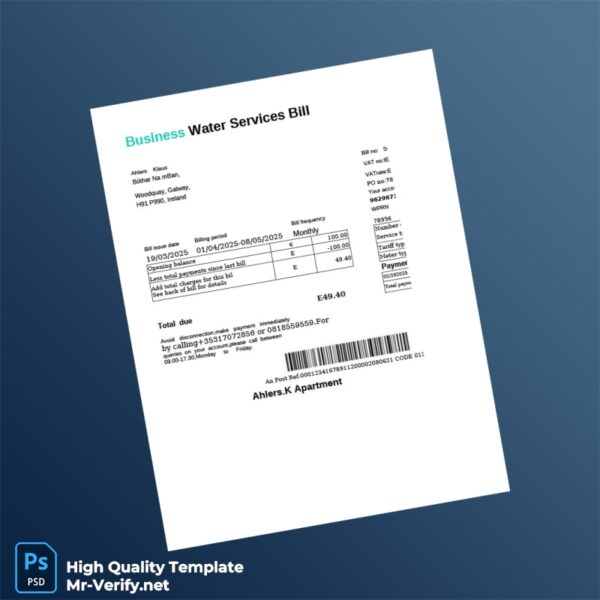 Ireland Editable Water Bill Template in Word and PDF formats 2 page