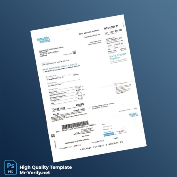 Ireland Electric Ireland Editable Electricity Bill Template in Word and PDF formats