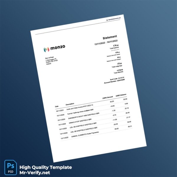 Ireland Monzo Bank Statement Template in Word and PDF formats 2 page