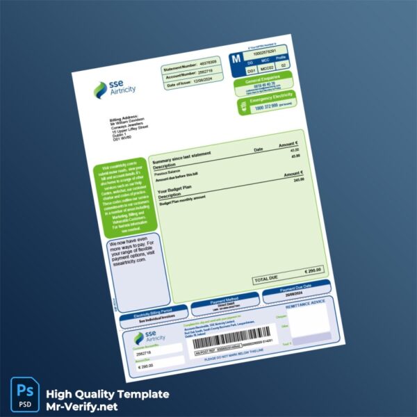 Ireland SSE Airtricity Editable Electricity Bill Template in Word and PDF formats