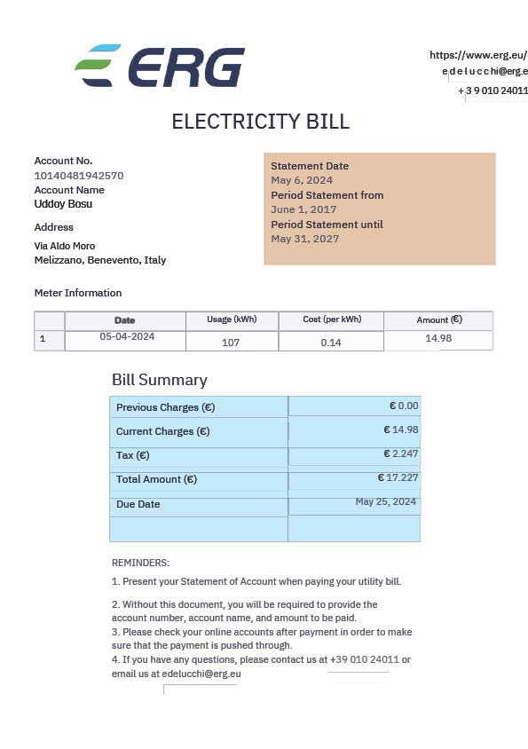 Italy ERG Editable Electricity Bill Template in Word and PDF formats