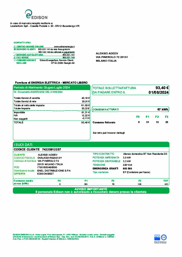 Italy Edison Distribuzione S P A Editable Electricity Bill Template in Word and PDF formats