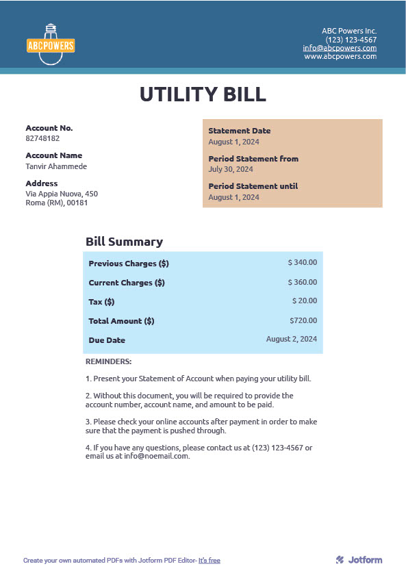 Italy Editable Utility Bill Template in Word and PDF formats