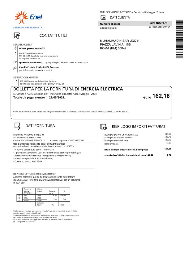Italy Enel Editable Electricity Bill Template in Word and PDF formats