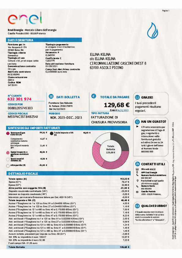 Italy Enel Energia Editable Gas Bill Template in Word and PDF formats