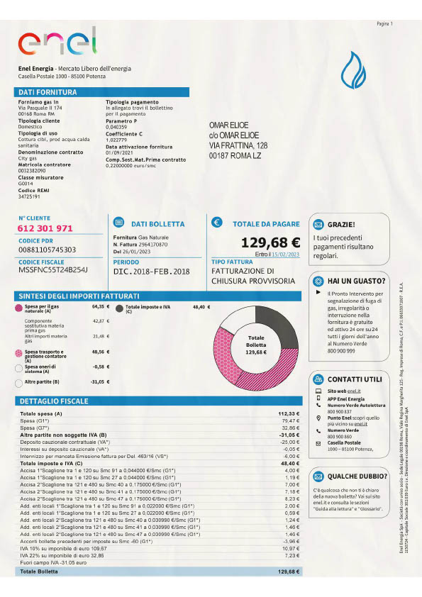 Italy Enel Energia Editable Utility Bill Template in Word and PDF formats