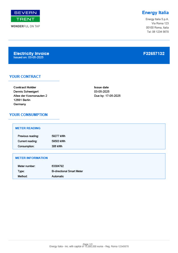 Italy Energy Italia Editable Electricity Bill Template in Word and PDF formats 3 page