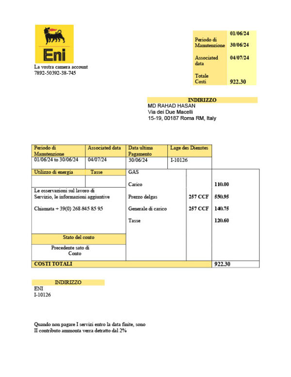 Italy Eni Editable Gas Bill Template in Word and PDF formats