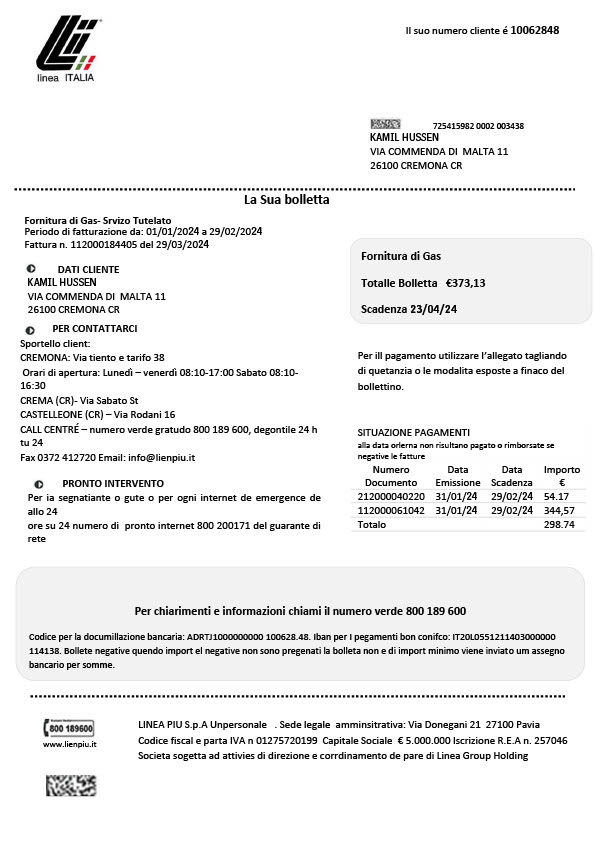 Italy LINEA PIU Editable Gas Bill Template in Word and PDF formats