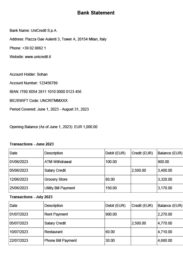 Italy UniCredit S p A Editable Bank Statement Template in Word and PDF formats 2 page