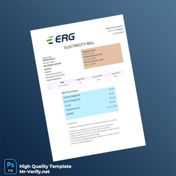 Italy ERG Editable Electricity Bill Template in Word and PDF formats