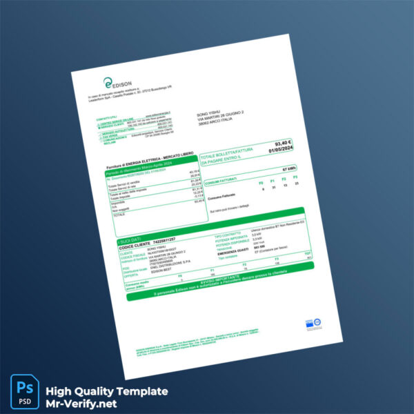 Italy Edison Energia Editable Electricity Bill Template in Word and PDF formats